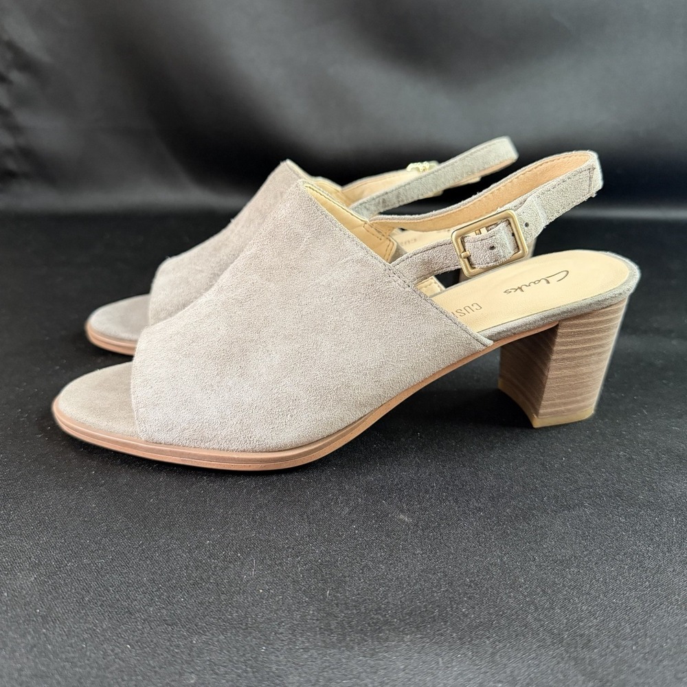 Clarks Cushion Plus Kaylin60 Slingback Gray Suede Block Heel Sandal Open Toe 8M